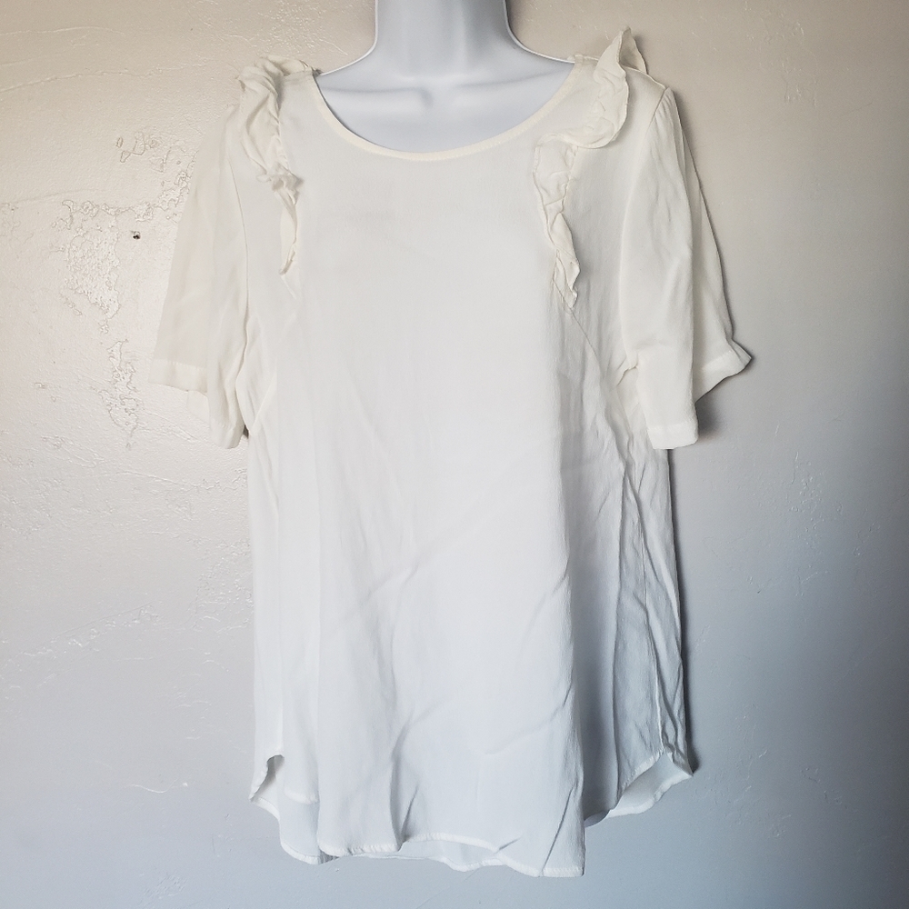 Antoinette Women's Large White Short Sleeve Blouse Top Keyhole Ruffle Crepey